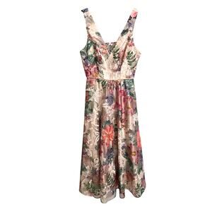 Eliza J Dress Womens 2 Blush Multi Floral Embroidered Mesh Midi V-Neck Pockets